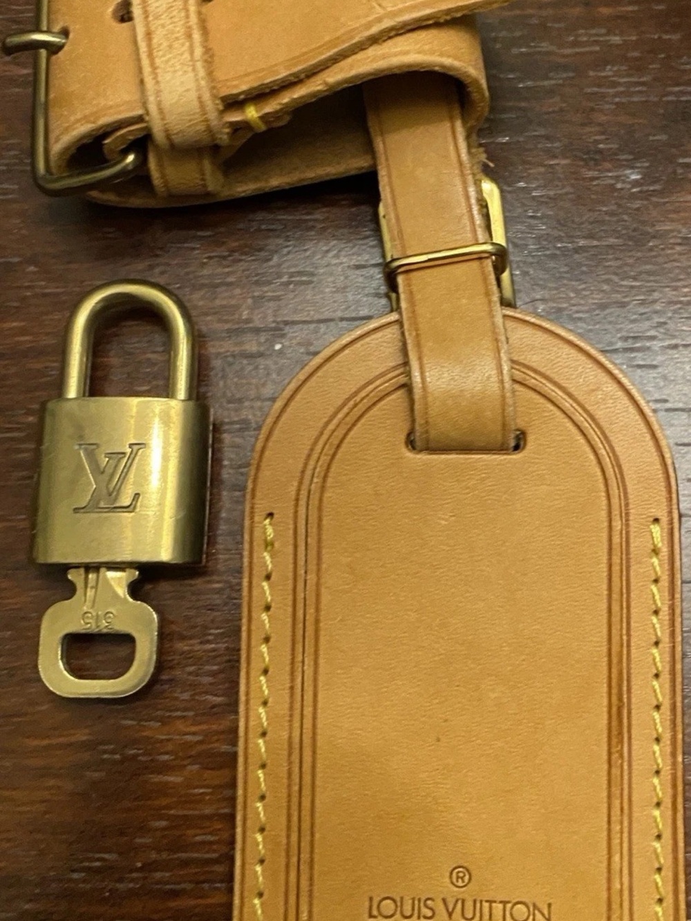 Louis Vuitton Tan Leather Luggage Tag with Brass Padlock random number